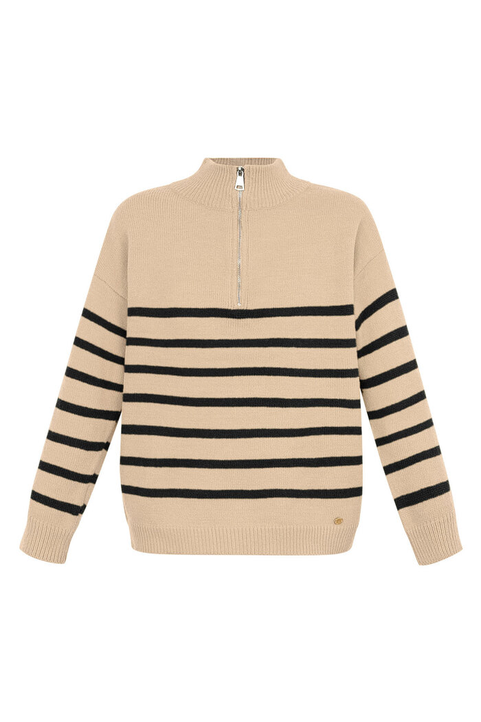 Pull tricoté rayures avec fermeture éclair - noir beige - LXL 